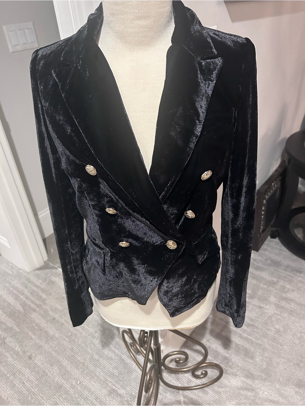Rachel Zoe Black Velvet Double-Breasted Blazer with Gold Buttons
